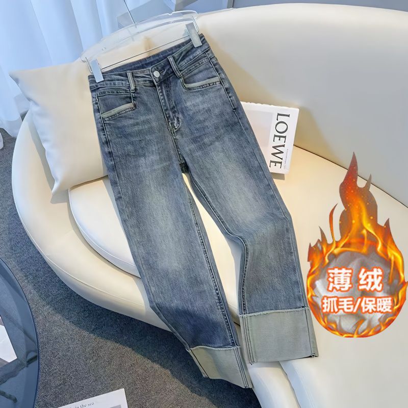 Retro blue straight jeans for women in autumn and winter new high-waist slimming and tall pants denim cigarette pants for women