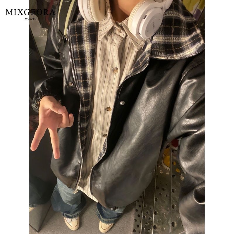 MIX GEORA美拉德穿搭两面穿格子棒球服外套男女春秋美式机车皮衣