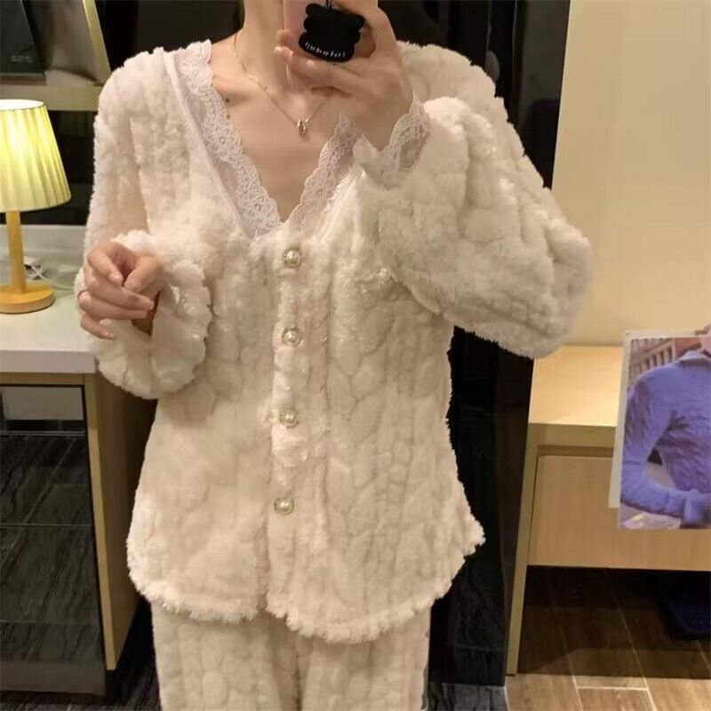 秋冬小香風珊瑚絨睡衣女款2023新款法蘭絨加絨加厚大碼家居服外穿