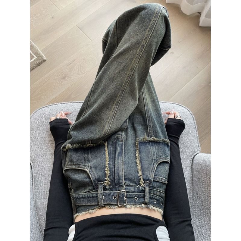復古毛邊高腰闊腿牛仔褲女春秋款水泥灰加長高個子窄版直筒拖地褲