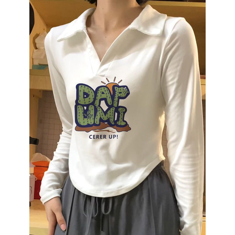白色Polo衫領長袖t恤女秋季2023新款打底衫弧形下擺修身短款上衣