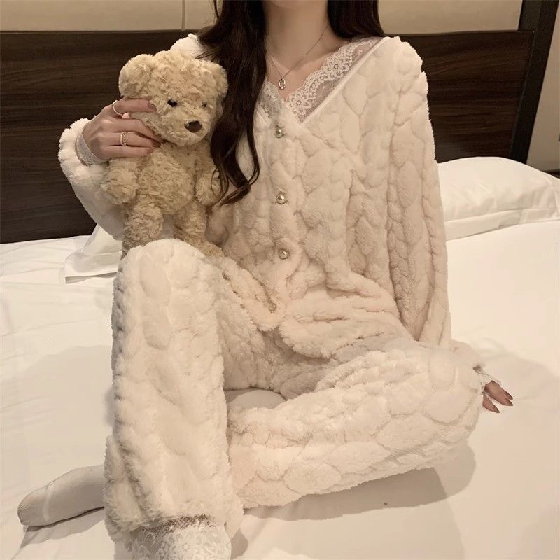 秋冬小香風珊瑚絨睡衣女款2023新款法蘭絨加絨加厚大碼家居服外穿