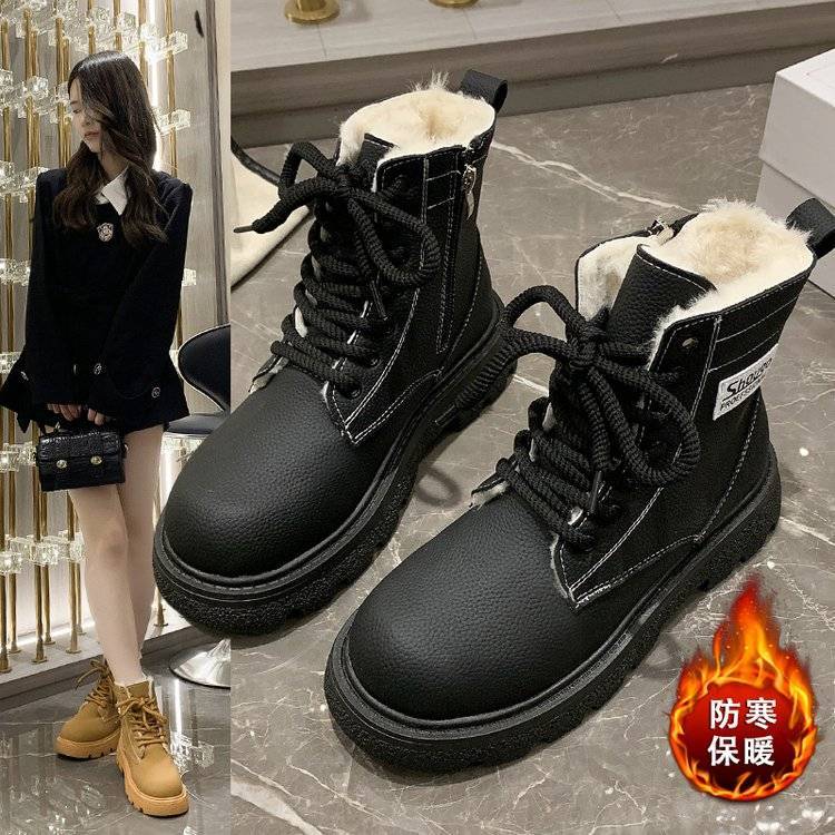 2023年秋冬季新款加厚加絨女鞋子百搭厚底馬丁靴舒適休閒保暖棉鞋