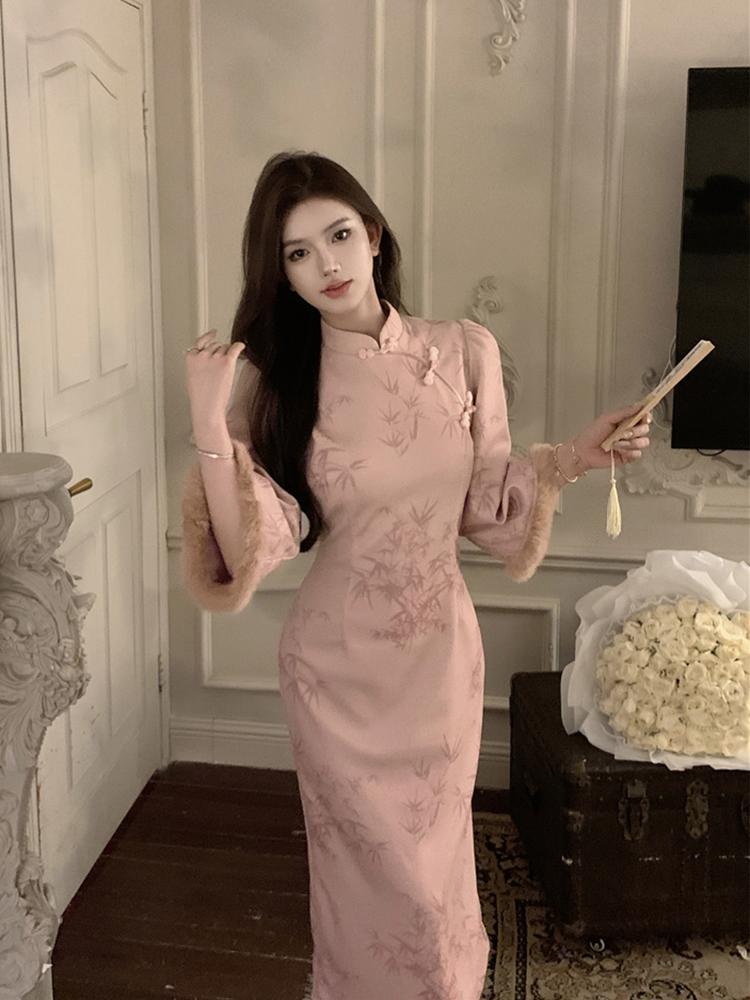 【品牌LALADUDU】胖mm新中式改良旗袍連衣裙女秋復古氣質收腰長裙