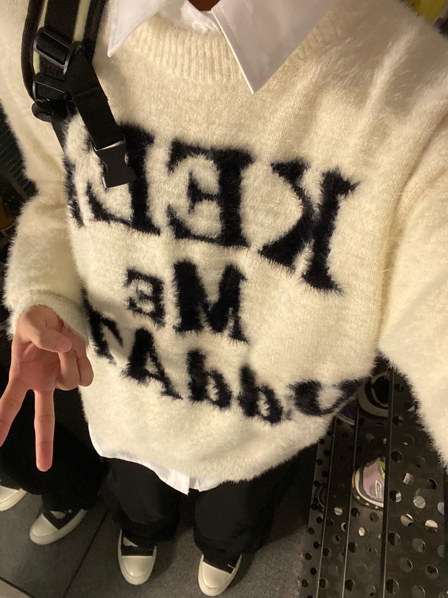 美式復古仿水貂絨軟糯字母提花毛衣外套男女秋冬季寬鬆情侶針織衫