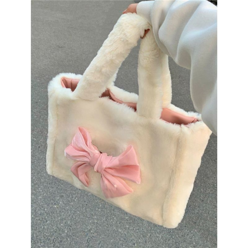 Niche design cute plush bag white women's 2023 autumn and winter fur bag bow hand-held shoulder tote bag