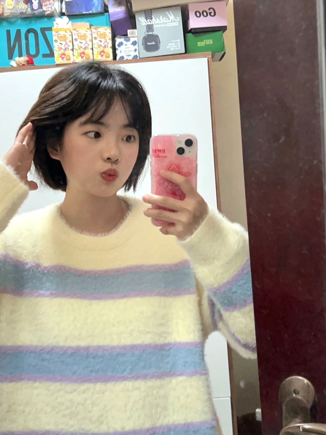 清新條紋寬鬆慵懶軟糯仿貂毛毛衣女秋冬季新款內搭奶系針織衫上衣
