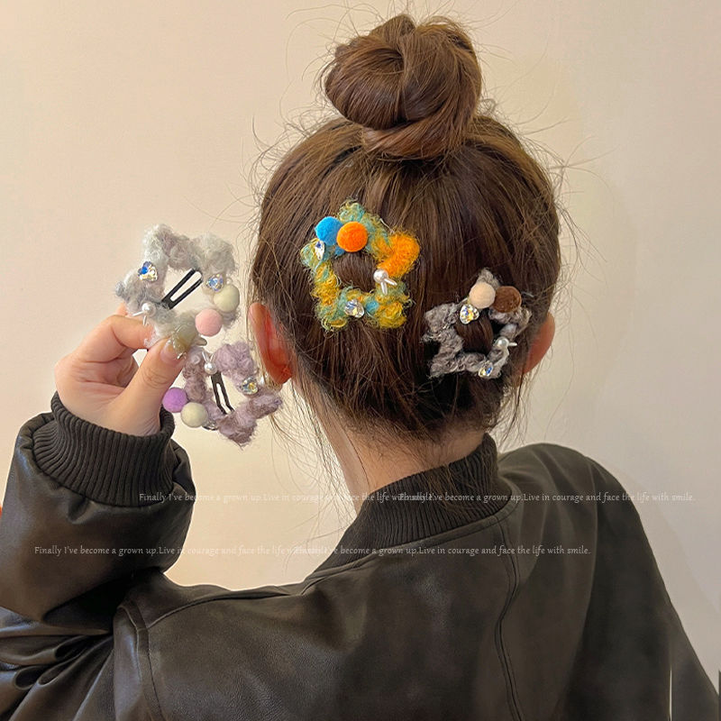 Sfumato children's plush five-pointed star hair clip autumn and winter cute bb clip side bangs broken hair clip girls diamond hair clip