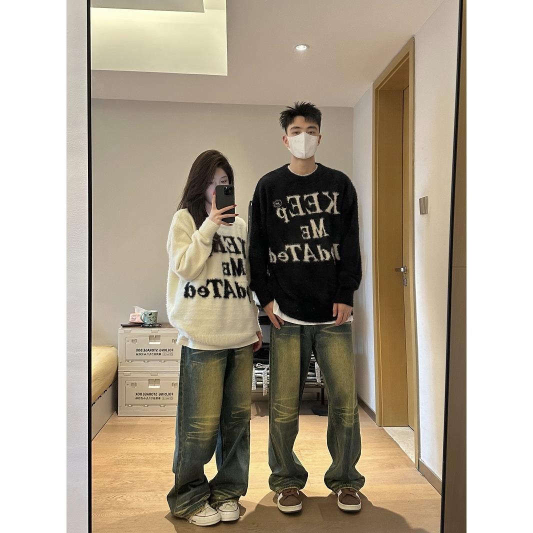 美式復古秋冬字母提花圓領套頭毛衣男女情侶款潮流百搭寬鬆針織衫