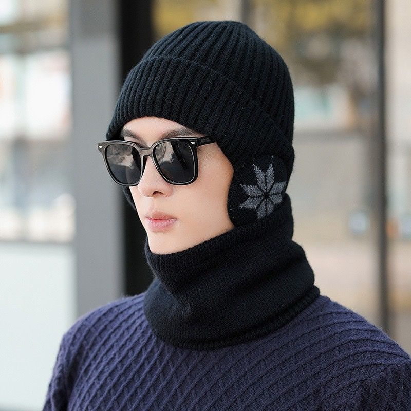 Hat men's winter velvet thickening ear protection neck protection wind and cold cycling new fashion versatile trendy knitted hat