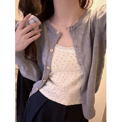 Pure lusty style long-sleeved knitted cardigan for women autumn 2023 new Korean style round neck slim short long-sleeved top