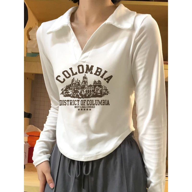 白色Polo衫領長袖t恤女秋季2023新款打底衫弧形下擺修身短款上衣