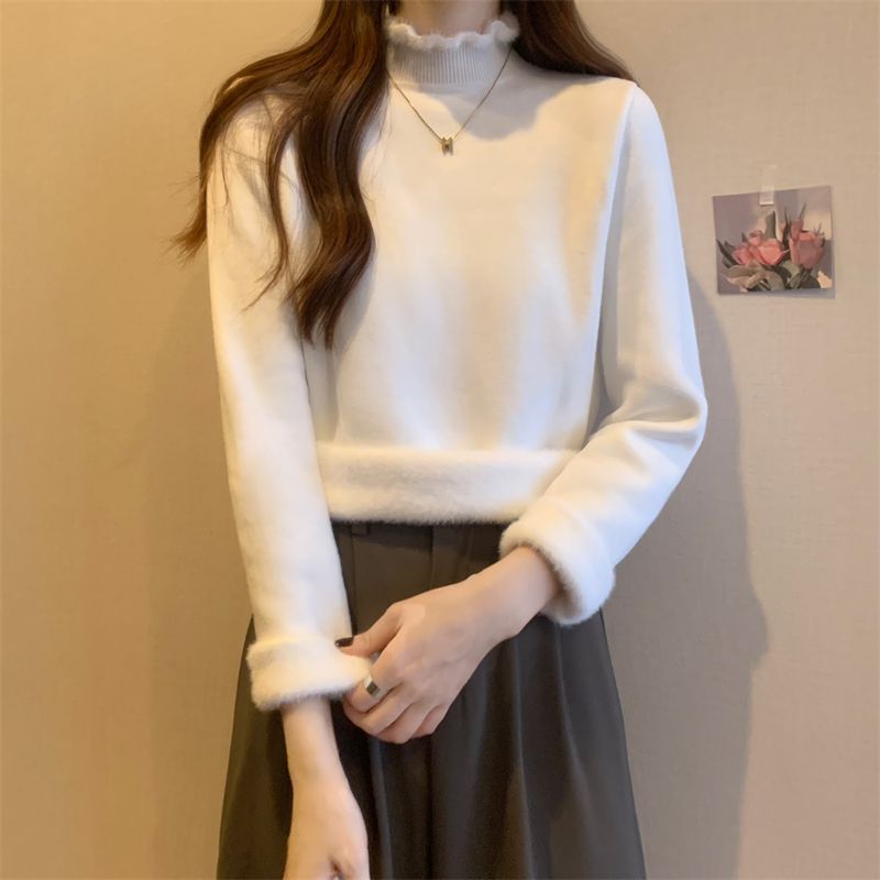 加厚加絨半高領木耳邊打底衫2023新款女秋冬溫柔風針織衫毛衣上衣