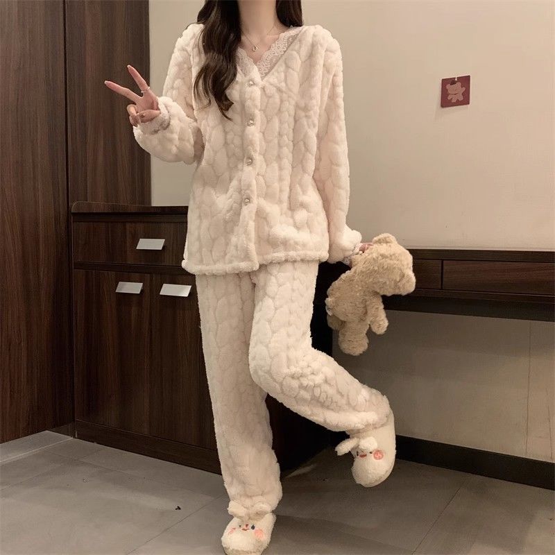 韓版甜美ins水蜜桃少女心睡衣女秋冬季珊瑚絨加厚加絨保暖家居服