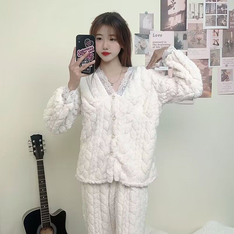睡衣女秋冬季珊瑚絨加厚保暖法蘭絨卡通可愛可外穿開衫家居服套裝