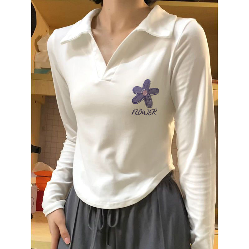 白色Polo衫領長袖t恤女秋季2023新款打底衫弧形下擺修身短款上衣