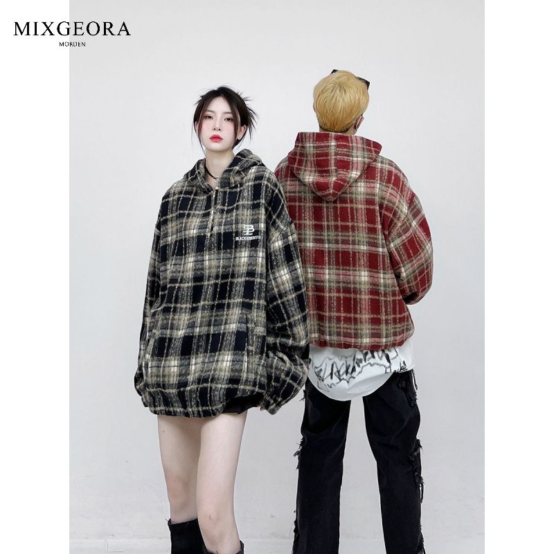 MIX GEORA American men's and women's high street embroidered letter hooded jacket trendy retro plaid design autumn jacket