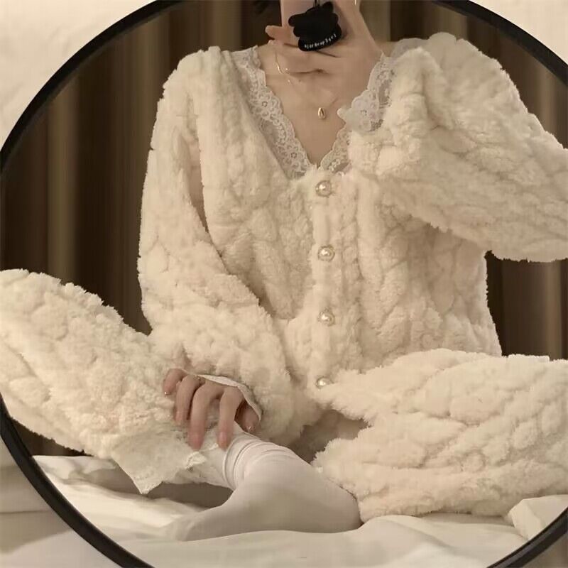 2023新款法蘭絨睡衣女秋冬爆款珊瑚絨加絨加厚保暖長袖家居服套裝