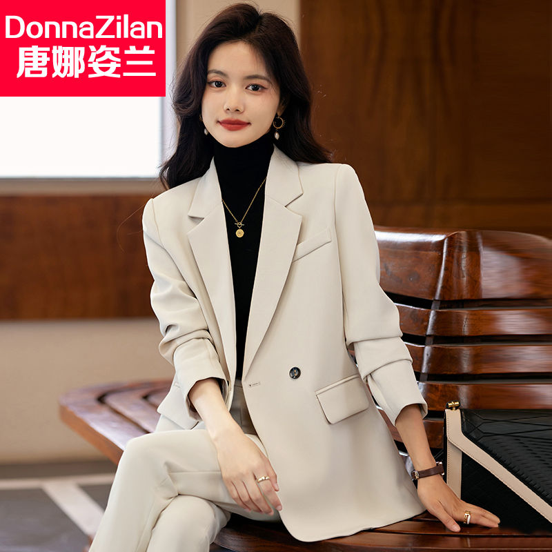 米白色西裝外套女2023新款春秋高級感職業氣質休閒後開叉西服套裝