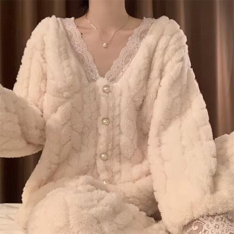 2023新秋冬季珊瑚絨水蜜桃睡衣女加厚加絨家居服套裝可外穿冬天