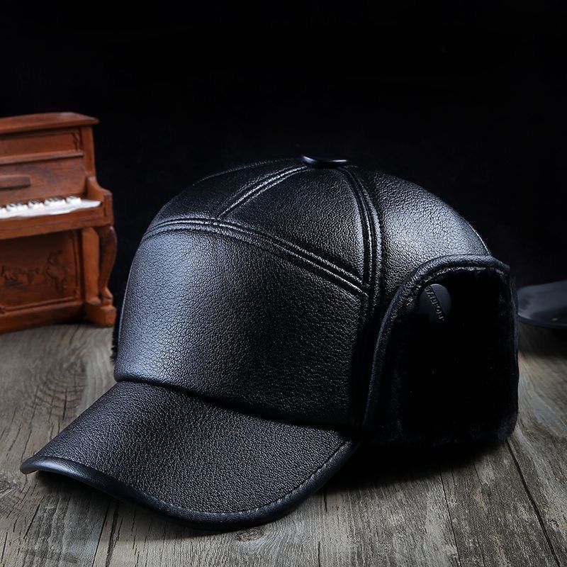 Hat men's winter leather hat for middle-aged and elderly people, warm and velvet thickening, casual and versatile, windproof and cold-proof ear protection grandpa hat
