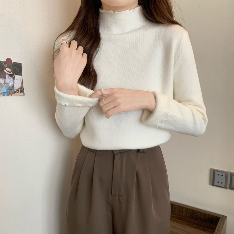 韓版百搭針織衫女秋冬季2023新款卷邊加絨加厚半高領打底長袖上衣