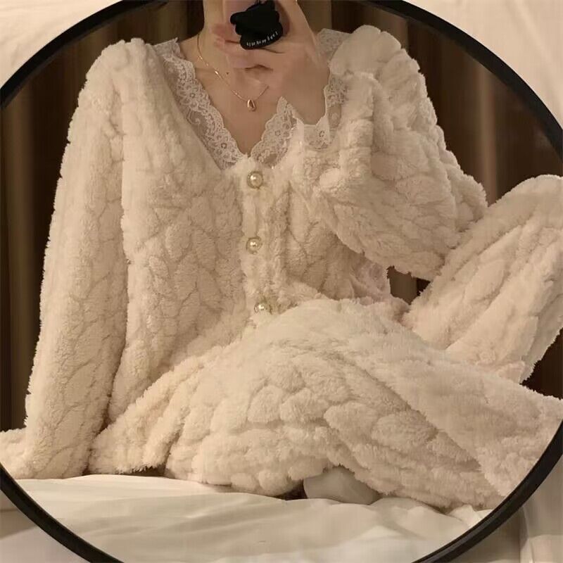 珊瑚絨睡衣女秋冬季學生韓版甜美可愛加厚法蘭絨公主風家居服套裝