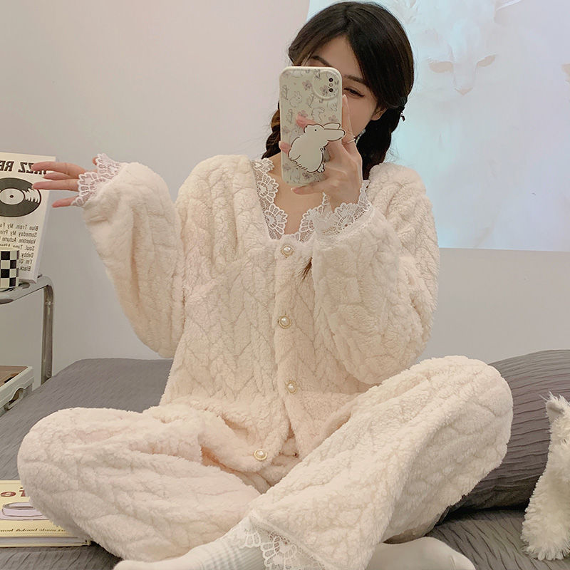 睡衣秋冬女珊瑚絨加厚加絨毛茸茸保暖可愛冬季新款法蘭絨家居服