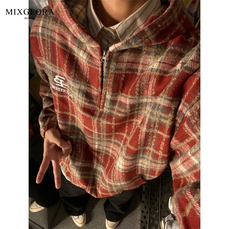 MIX GEORA American retro half-zip plaid hooded jacket for men and women in autumn and winter atmosphere top design