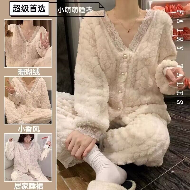 法蘭絨睡衣冬季女款加厚加絨2023年新款桃子冬款大碼珊瑚絨秋冬天