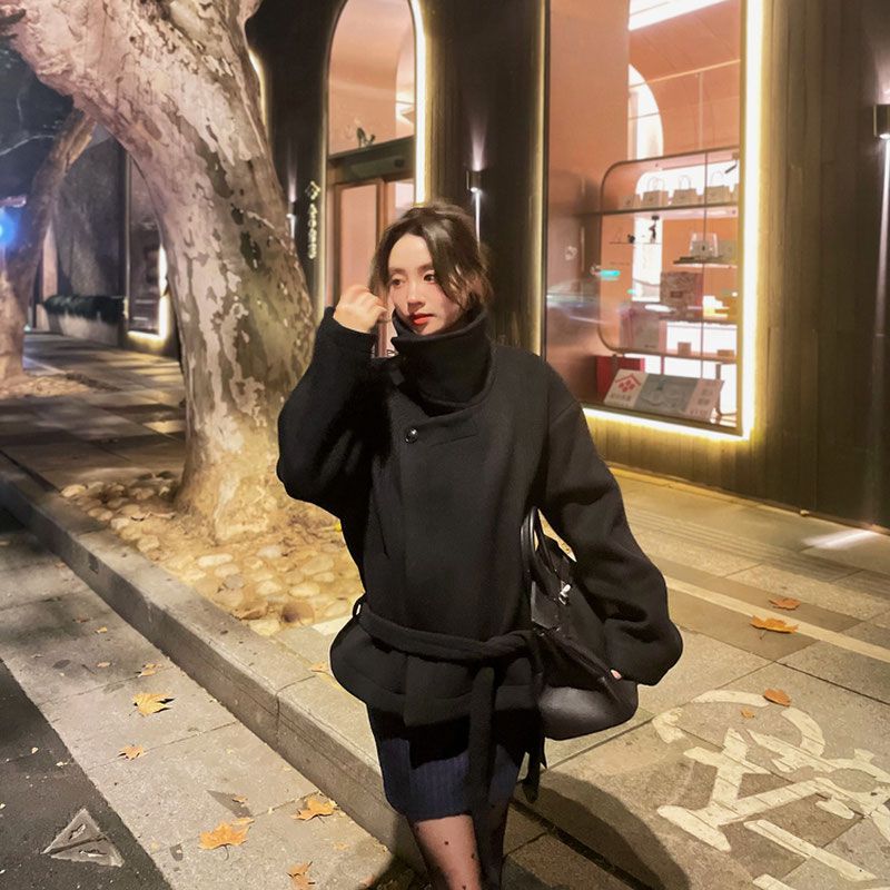 新款金敏喜同款加棉加厚短款毛呢外套冬季新款小個子寬鬆遮肉大衣
