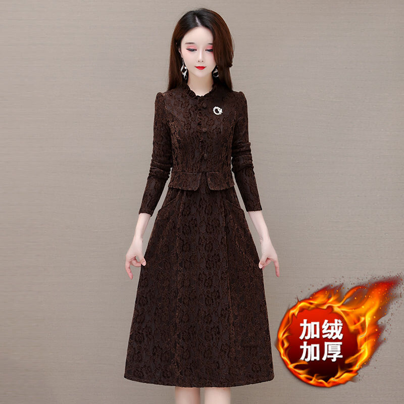 加絨加厚高檔燒花植絨秋冬連衣裙女2023新款女裝長袖修身打底裙女
