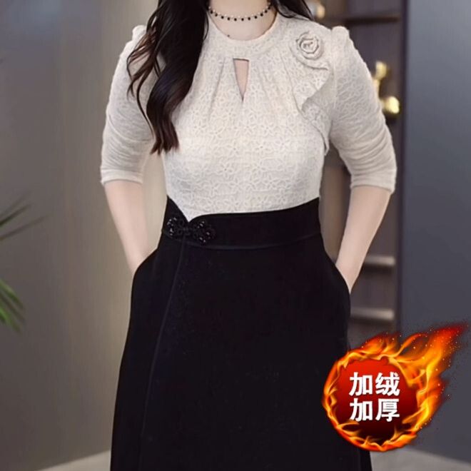 重工刺繡蕾絲加絨加厚假兩件套連衣裙2023秋冬新款女顯瘦洋氣裙子