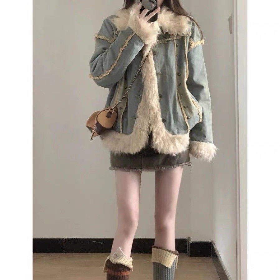 羊羔毛拼接牛仔外套女秋冬新款寬鬆學生百搭加絨加厚復古夾棉服女