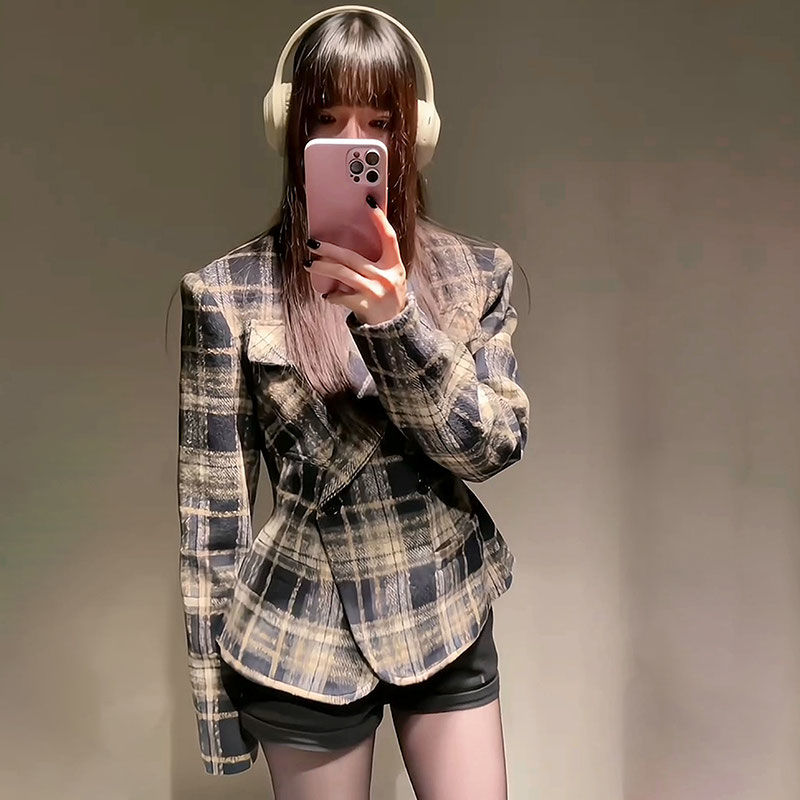 設計感小眾格子毛呢外套女冬季新款法式氣質高腰小個子美拉德上衣