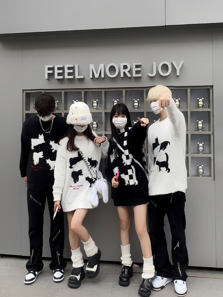 American Retro Cat Lazy Style Men's Sweater 2023 Autumn and Winter Couples New Loose Casual Pullover Long Sleeve Top