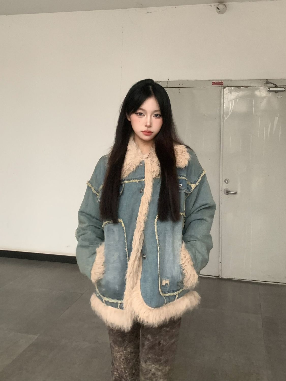American denim fur collar cotton coat for women winter high-end splicing retro loose lazy style thickened cotton jacket