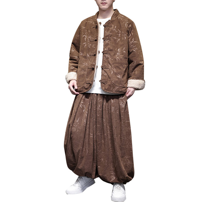 冬季棉服加厚保暖中国风男装灯芯绒棉衣套装新中式印花唐装棉袄男