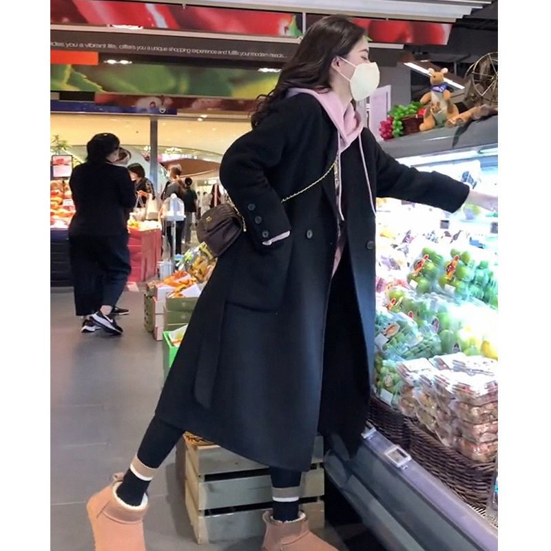 雙面羊絨大衣女中長款2023年秋冬季新款小個子西裝黑色羊毛呢外套