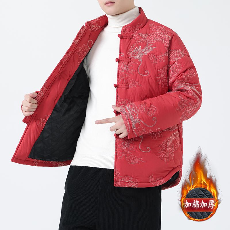 冬季中國風盤扣唐裝棉衣外套新中式中山裝龍袍刺繡棉服寬鬆棉襖男