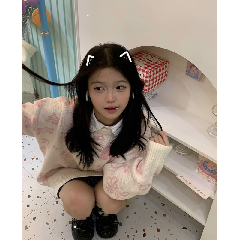 美式可愛凱蒂貓加絨圓領毛衣女秋冬2023新款寬鬆慵懶風針織衫上衣