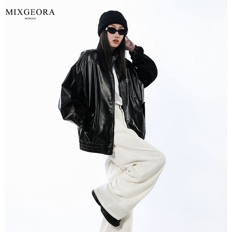 MIX GEORA拼接男女设计感立领pu皮甜酷外套潮美拉德机车皮衣夹克