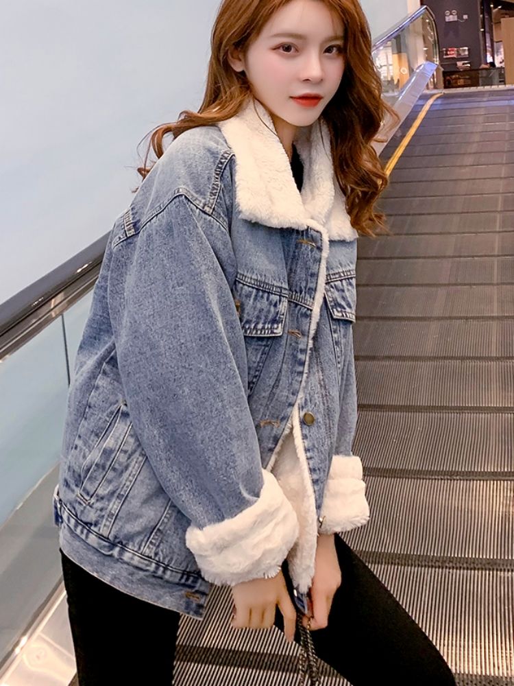 Autumn and winter new lamb wool denim jacket for women small student workwear lapel plus velvet thickened cotton top for women