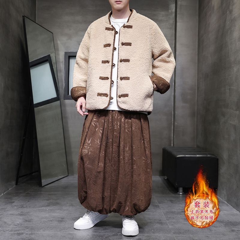 冬季棉服加厚保暖中国风男装灯芯绒棉衣套装新中式印花唐装棉袄男