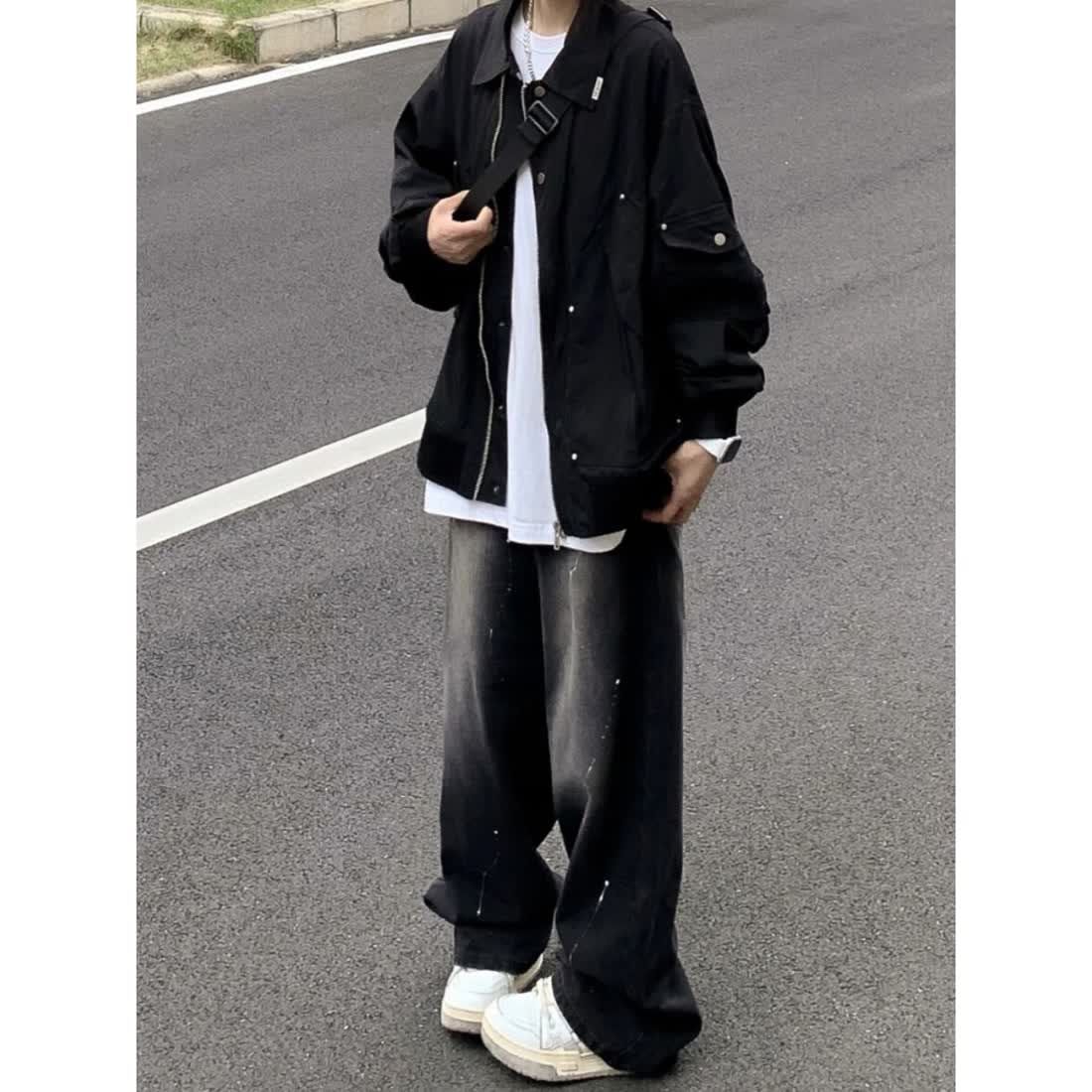 美式高街潑墨牛仔褲男女春秋季ins潮牌寬鬆直筒垂感闊腿拖地長褲