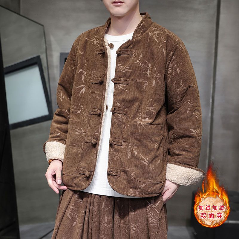 唐裝棉襖男冬季加厚保暖中國風棉服新中式男裝印花燈芯絨棉衣外套