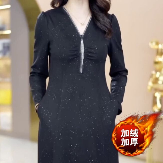 法式赫本風顯瘦加絨加厚帛萊精紡連衣裙2023秋冬新款女裝長袖裙子