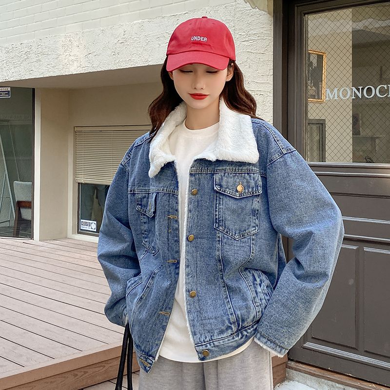 Autumn and winter lamb wool denim jacket for small students, short workwear, lapel, solid color, velvet and thickened cotton coat
