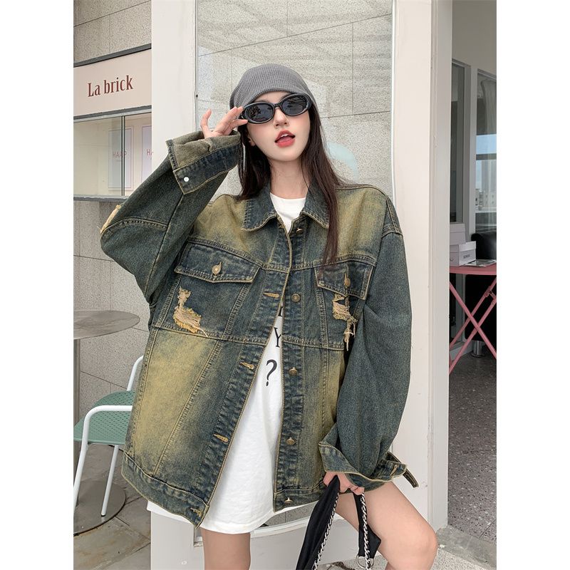 American Retro Distressed Washed Denim Jacket Women's Autumn and Winter New Design Loose Long-Sleeved Versatile Top