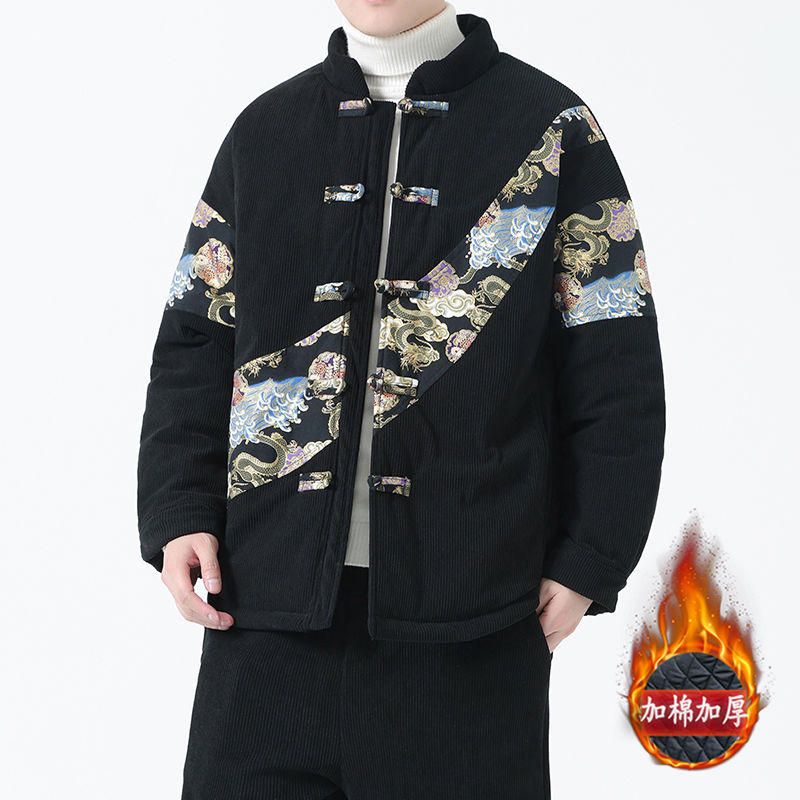 唐裝男棉襖新中式盤扣燈芯絨大碼棉衣撞色中國風冬裝加厚棉服外套